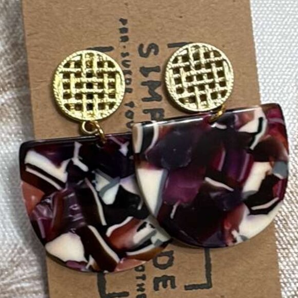 Plum Marble Acetate & Gold Drop Earrings - Geo - Picture 3 of 3